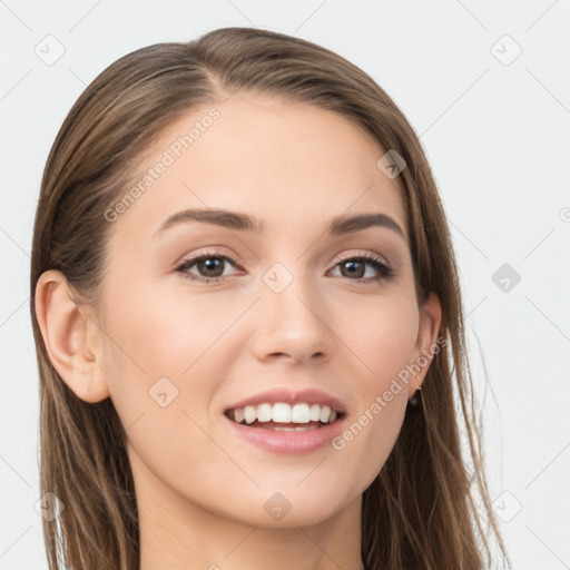 Joyful white young-adult female with long  brown hair and grey eyes