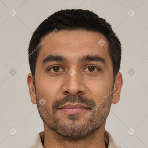 Neutral latino young-adult male with short  black hair and brown eyes