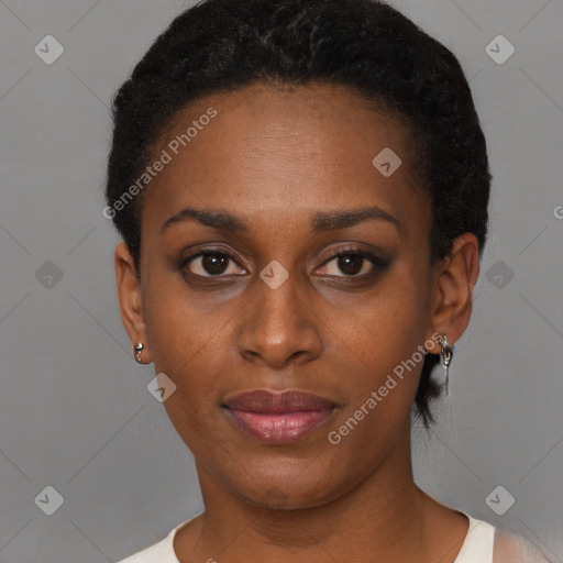 Neutral black young-adult female with short  black hair and brown eyes