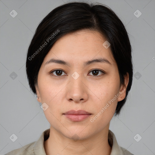 Neutral white young-adult female with medium  brown hair and brown eyes