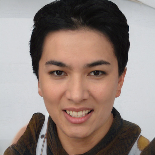 Joyful white young-adult female with short  black hair and brown eyes