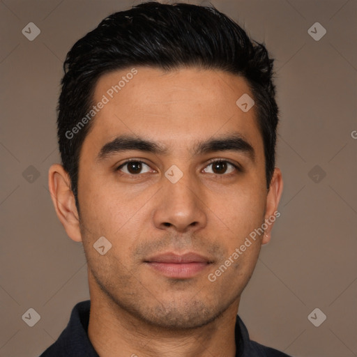 Neutral white young-adult male with short  black hair and brown eyes