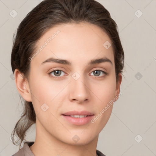 Neutral white young-adult female with medium  brown hair and brown eyes