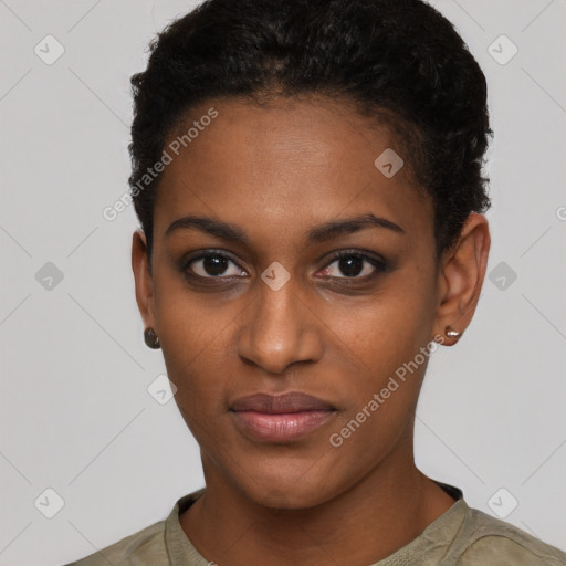 Neutral black young-adult female with short  black hair and brown eyes