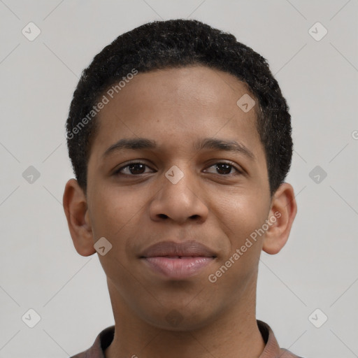 Joyful latino young-adult male with short  brown hair and brown eyes