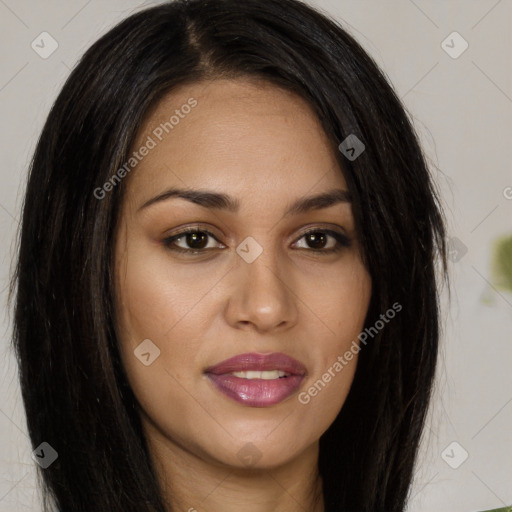 Joyful latino young-adult female with long  brown hair and brown eyes