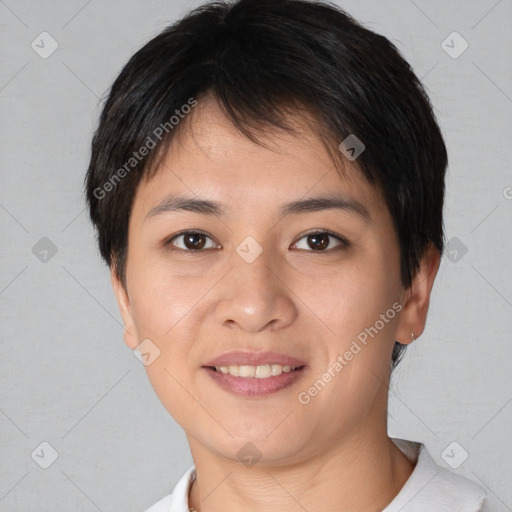 Joyful white young-adult female with short  brown hair and brown eyes