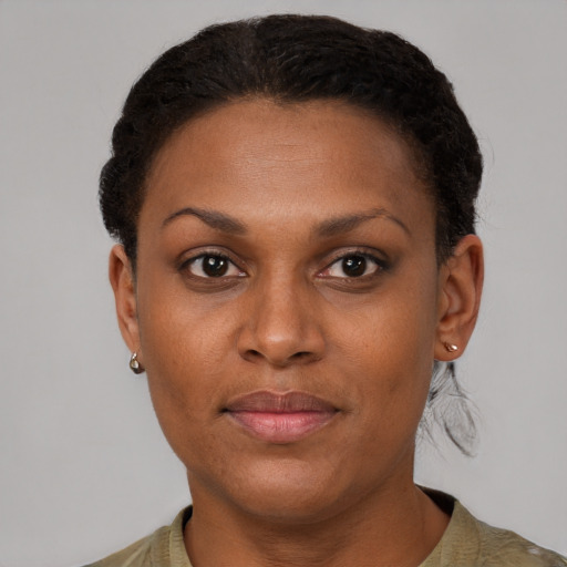 Neutral black adult female with short  brown hair and brown eyes