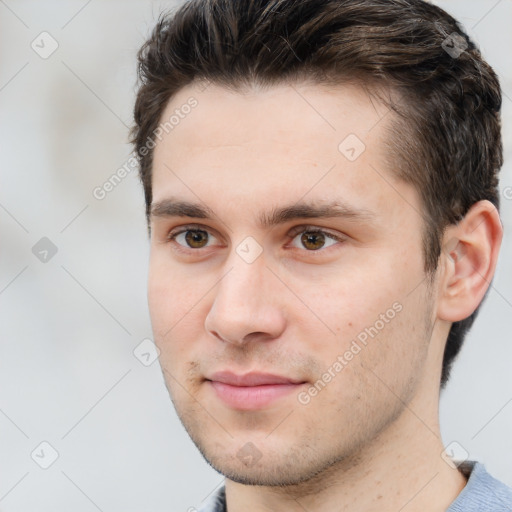 Neutral white young-adult male with short  brown hair and brown eyes