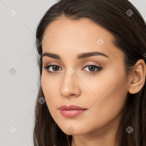 Neutral white young-adult female with long  brown hair and brown eyes