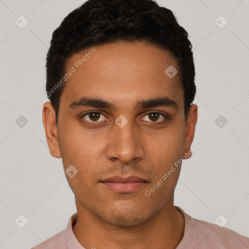 Neutral latino young-adult male with short  black hair and brown eyes