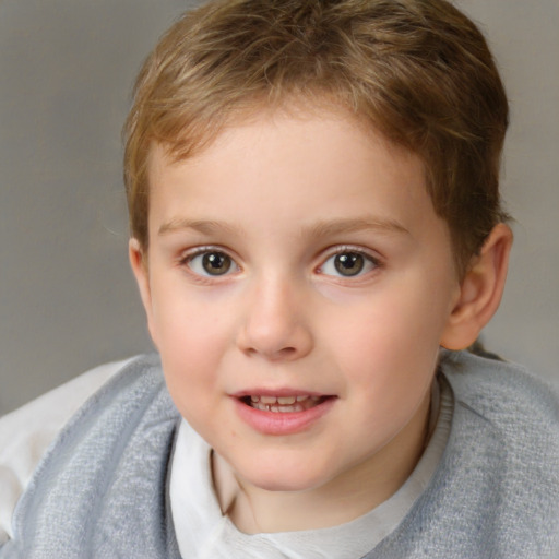 Joyful white child female with short  brown hair and brown eyes