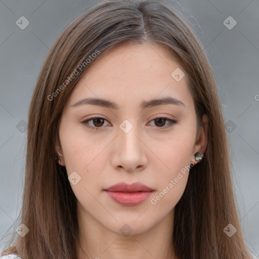 Neutral white young-adult female with long  brown hair and brown eyes