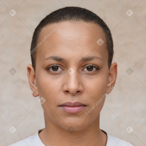 Neutral white young-adult female with short  brown hair and brown eyes