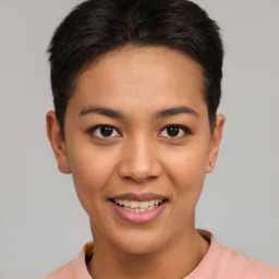 Joyful asian young-adult female with short  brown hair and brown eyes