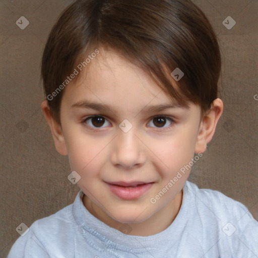 Joyful white child female with short  brown hair and brown eyes