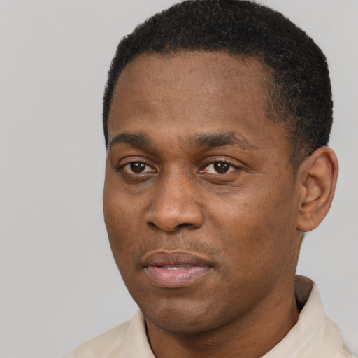Neutral black young-adult male with short  brown hair and brown eyes