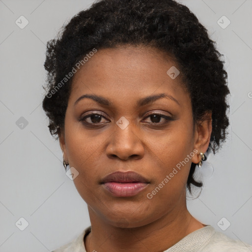 Neutral black young-adult female with short  black hair and brown eyes