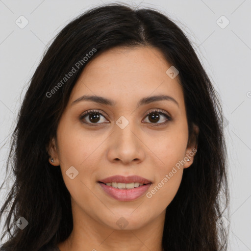 Joyful latino young-adult female with long  brown hair and brown eyes