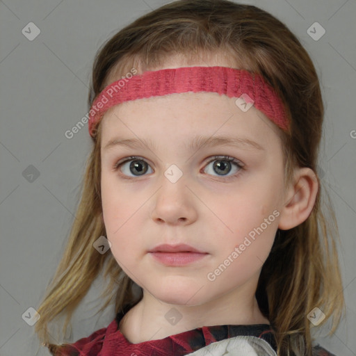 Neutral white child female with medium  brown hair and blue eyes