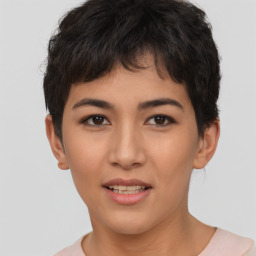 Joyful asian young-adult female with short  brown hair and brown eyes