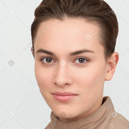 Neutral white young-adult female with short  brown hair and brown eyes