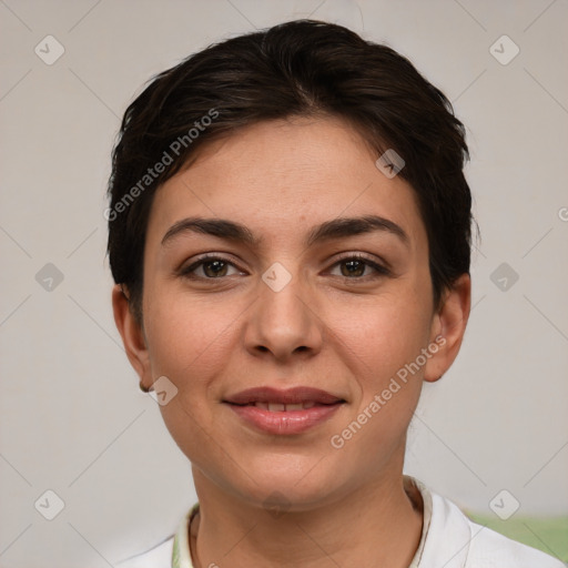 Joyful white young-adult female with short  brown hair and brown eyes