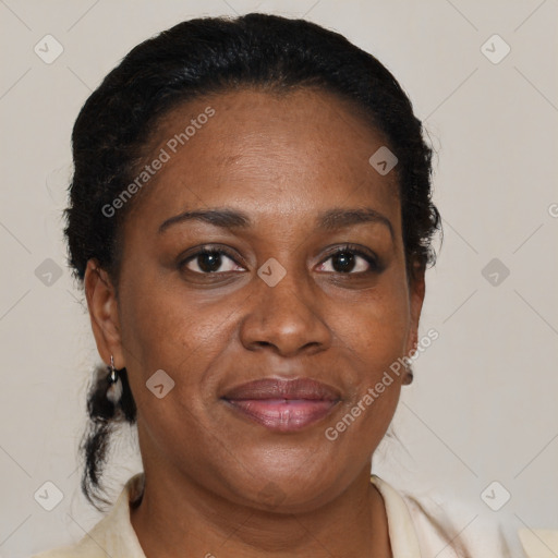 Joyful black adult female with short  brown hair and brown eyes