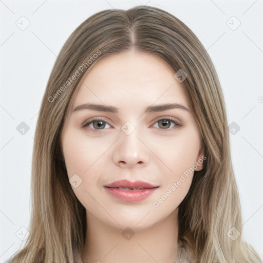 Neutral white young-adult female with long  brown hair and brown eyes