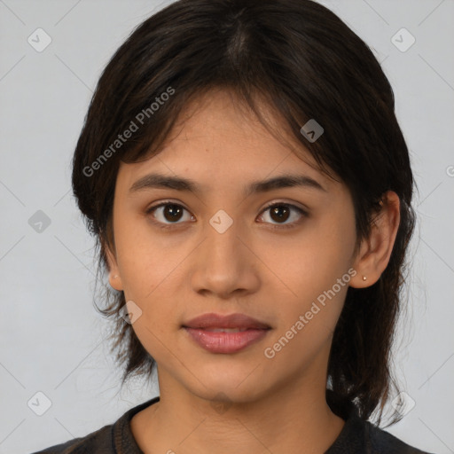 Joyful white young-adult female with medium  brown hair and brown eyes