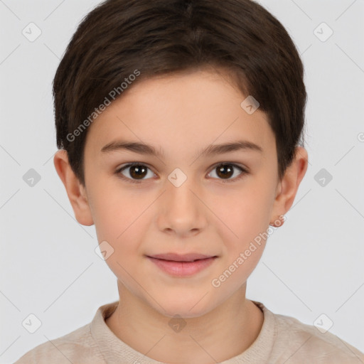 Joyful white child female with short  brown hair and brown eyes