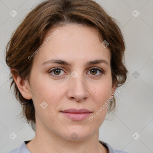 Joyful white young-adult female with medium  brown hair and green eyes