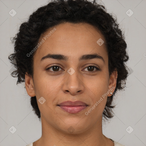 Joyful latino young-adult female with short  brown hair and brown eyes