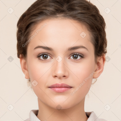 Neutral white young-adult female with short  brown hair and brown eyes