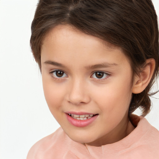 Joyful white child female with medium  brown hair and brown eyes