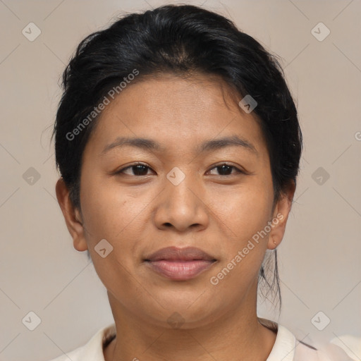 Joyful asian young-adult female with short  brown hair and brown eyes