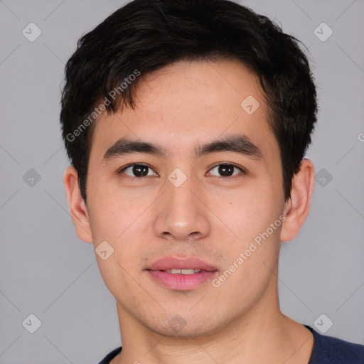 Neutral asian young-adult male with short  brown hair and brown eyes