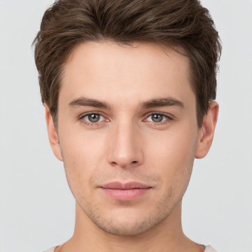 Neutral white young-adult male with short  brown hair and brown eyes