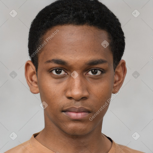 Neutral black young-adult male with short  black hair and brown eyes