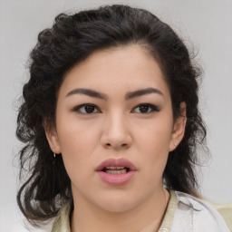 Neutral asian young-adult female with medium  brown hair and brown eyes