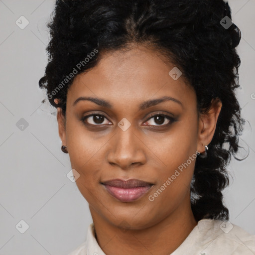 Joyful black young-adult female with medium  black hair and brown eyes