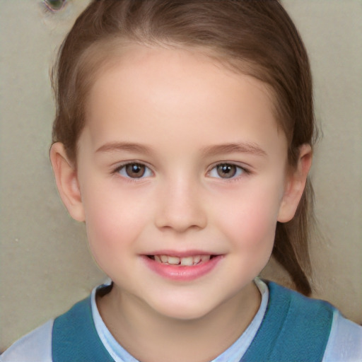 Joyful white child female with short  brown hair and brown eyes