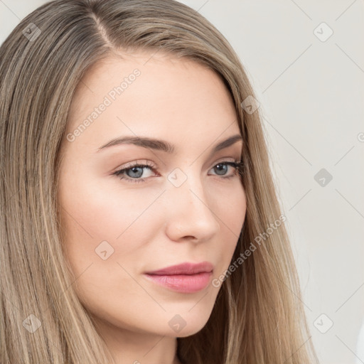 Neutral white young-adult female with long  brown hair and brown eyes