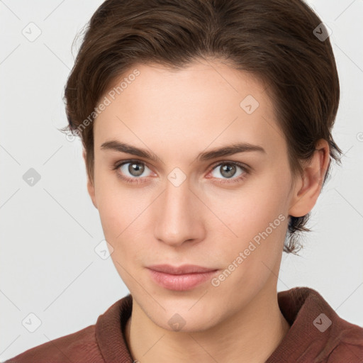 Neutral white young-adult female with medium  brown hair and grey eyes