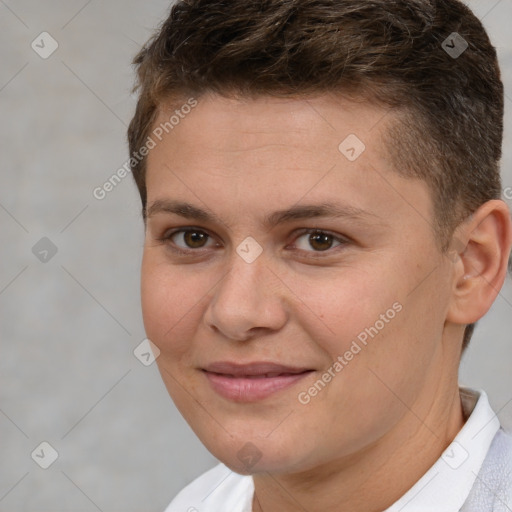 Joyful white young-adult female with short  brown hair and brown eyes