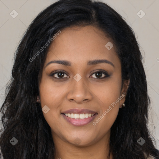 Joyful latino young-adult female with long  brown hair and brown eyes