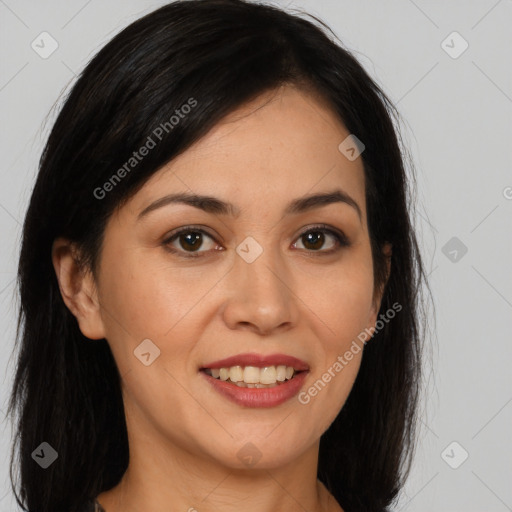 Joyful latino young-adult female with long  brown hair and brown eyes