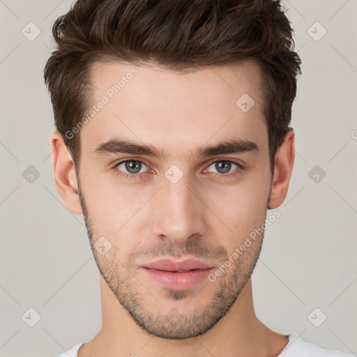 Neutral white young-adult male with short  brown hair and brown eyes