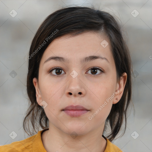 Neutral white young-adult female with medium  brown hair and brown eyes