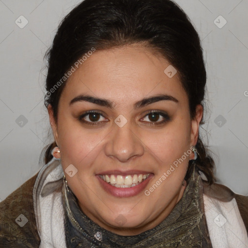 Joyful white young-adult female with medium  brown hair and brown eyes